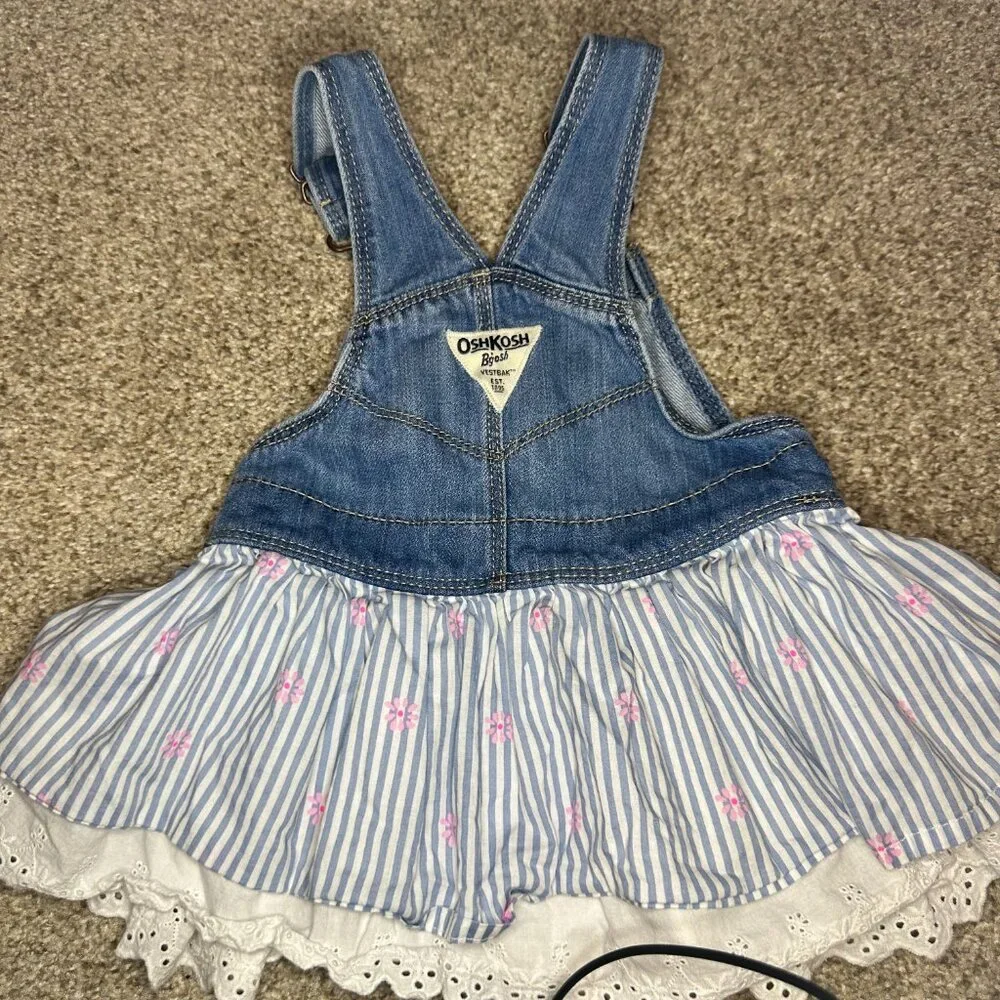 Osh Kosh Eyelet Lace Bib Overall Denim Dress 12mo chambray skirt stripes OSHKOSH